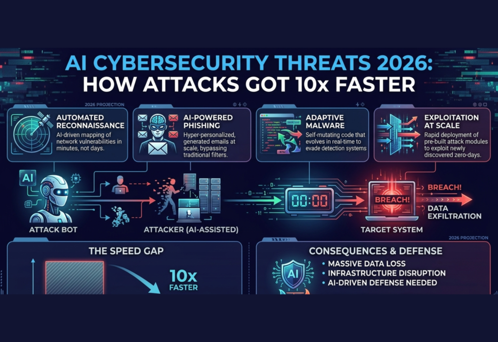 AI cybersecurity threats in 2026 showing hackers using artificial intelligence for faster cyberattacks and digital security breaches