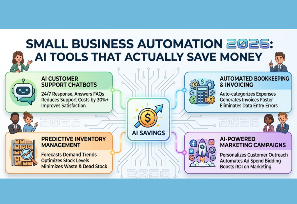 Small Business Automation 2026: AI Tools That Actually Save Money Small business automation 2026 showing AI tools that reduce costs and improve productivity for businesses