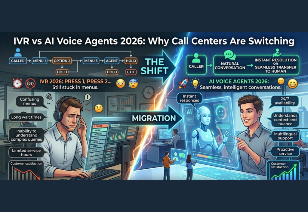 IVR vs AI Voice Agents 2026: Why Call Centers Are Switching IVR vs AI voice agents 2026 showing comparison of call center automation systems and customer support technology