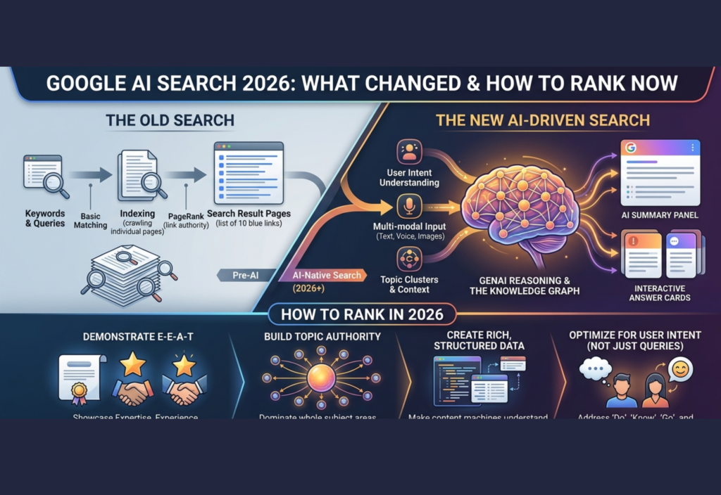 Google AI Search 2026 showing AI-powered search results, rankings, and SEO changes in modern search engine system