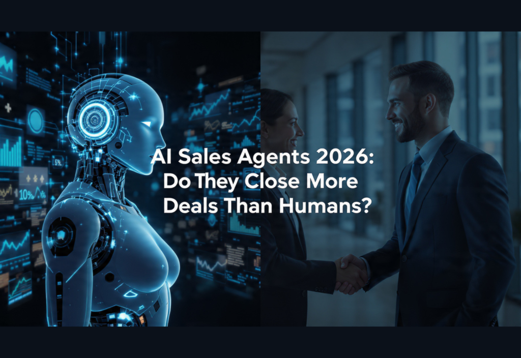 AI Sales Agents 2026: Do They Close More Deals Than Humans? Futuristic comparison between an AI sales agent robot and a human salesperson showing their strengths in closing deals in 2026.
