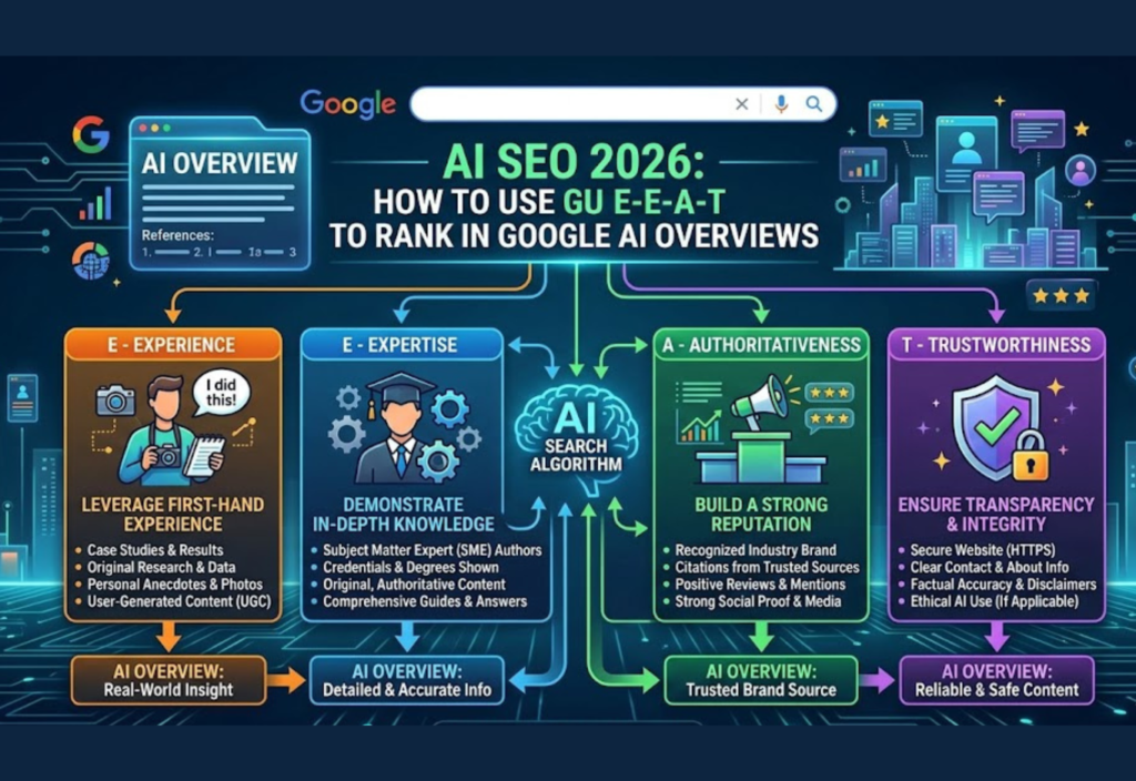 AI SEO 2026 showing E-E-A-T framework (Experience, Expertise, Authoritativeness, Trustworthiness) for ranking in Google AI Overviews
