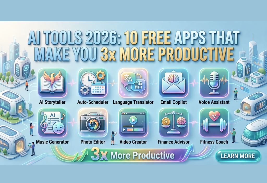 AI Tools 2026: 10 Free Apps That Make You 3x More Productive Futuristic robot using laptop with free AI tools and productivity apps in 2026