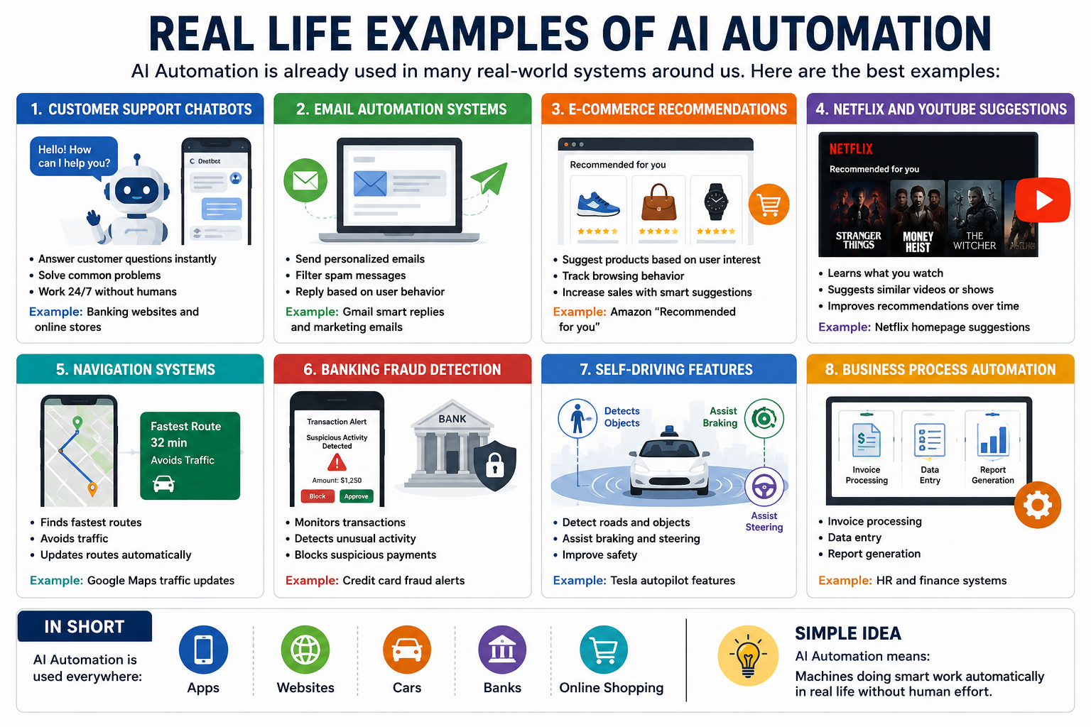 Infographic showing real AI agent examples including ChatGPT, Google Assistant, Siri, Amazon recommendation system, Netflix recommendations, Tesla Autopilot, Google Maps, and customer support chatbots, with their features and real-life use cases.