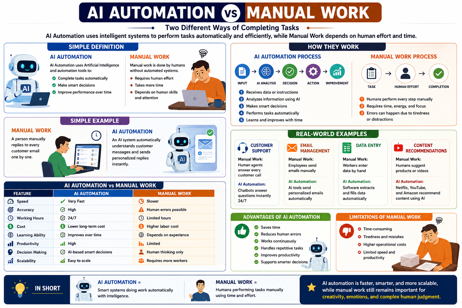 Infographic comparing AI automation and manual work, showing definitions, processes, examples, features, advantages, and limitations, with visuals of AI systems and human workers.