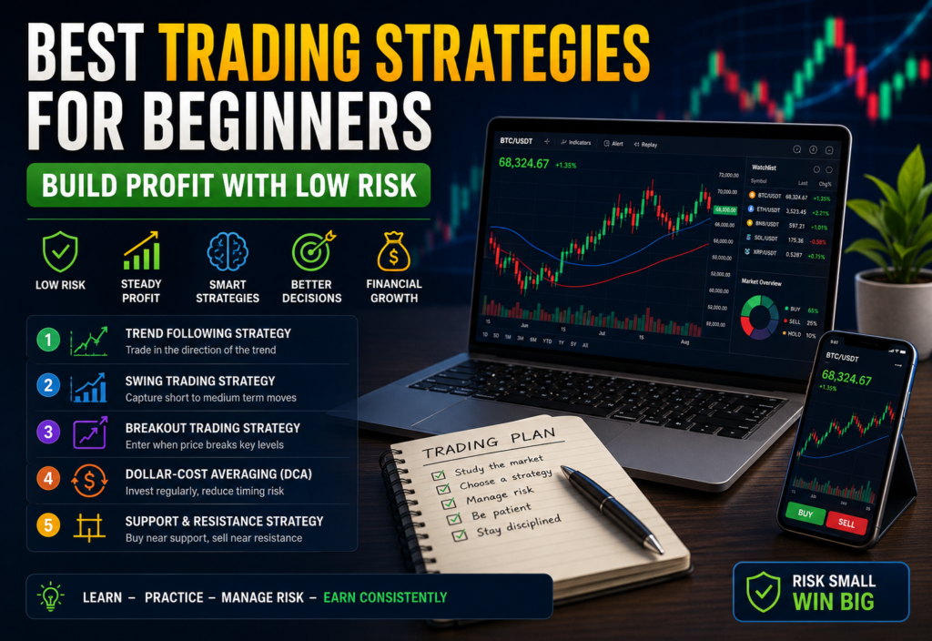 Best trading strategies for beginners infographic showing trend following, swing trading, breakout trading, dollar cost averaging, and support and resistance with risk management tips.