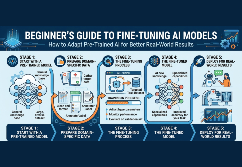 Fine-Tuning AI Models process showing adaptation of pre-trained artificial intelligence for better real-world performance