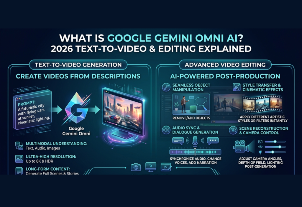 What Is Google Gemini Omni AI? 2026 Text-to-Video & Editing Explained Google Gemini Omni AI creating videos from text prompts with AI editing features in 2026