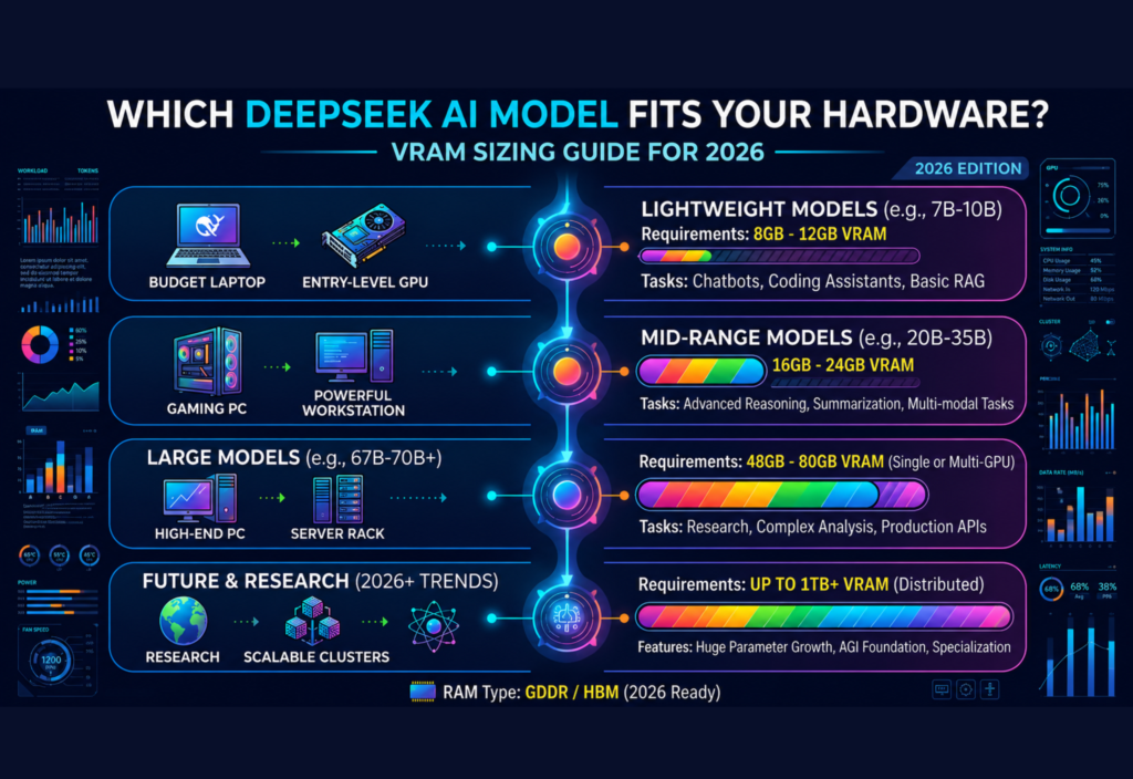 Which DeepSeek AI Model Fits Your Hardware? VRAM Sizing Guide for 2026 DeepSeek AI model VRAM sizing guide showing hardware requirements for different AI model sizes in 2026