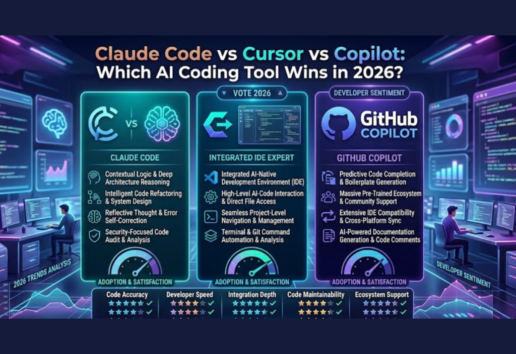 AI coding tools comparison showing Claude Code, Cursor, and GitHub Copilot for developers in 2026
