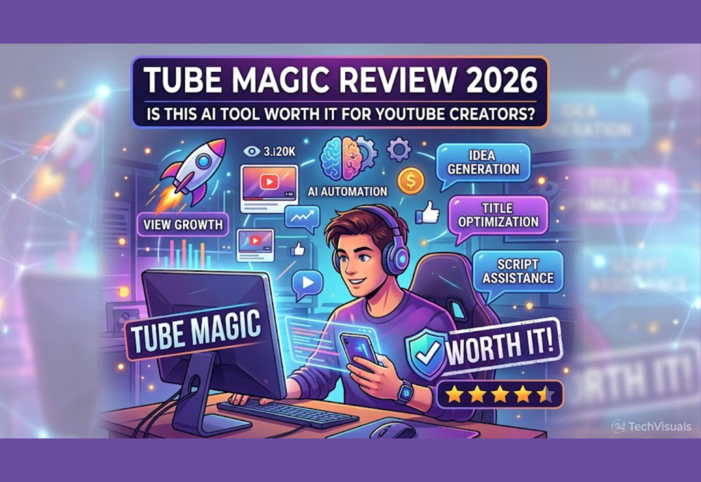 Tube Magic AI dashboard showing YouTube video ideas, scripts, titles and SEO optimization for channel growth in 2026