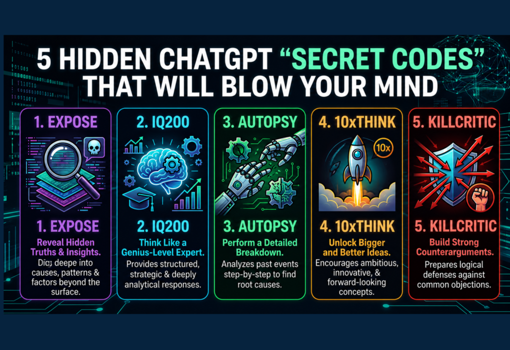 ChatGPT Secret Codes illustration showing hidden AI prompt techniques for smarter answers, creative ideas, deeper insights, and expert-level responses.