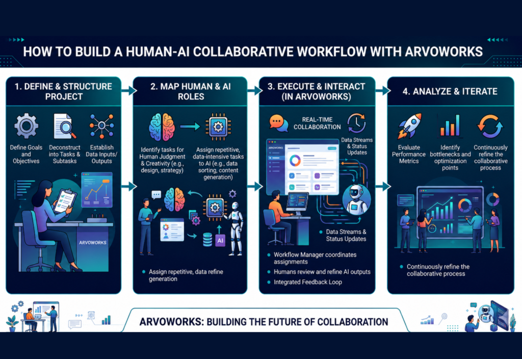 How to Build a Human-AI Collaborative Workflow with ArvoWorks Human-AI collaborative workflow with ArvoWorks showing project planning, AI task automation, collaboration, and workflow optimization