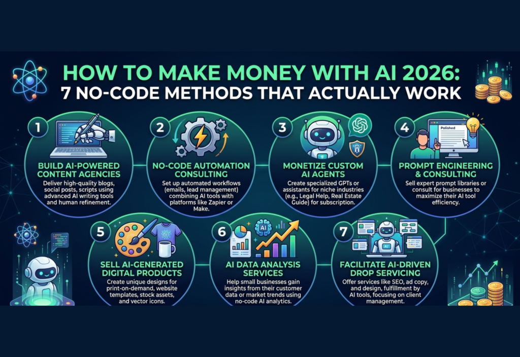 How to Make Money with AI in 2026: 7 No-Code Methods That Actually Work Make Money with AI 2026 using 7 no-code methods like freelancing, content creation, and digital products